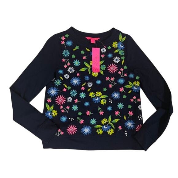 NEW Lilly Pulitzer Rami Floral Embroidered Sweatshirt Sz XS Navy Blue Pink Multi - Picture 1 of 4